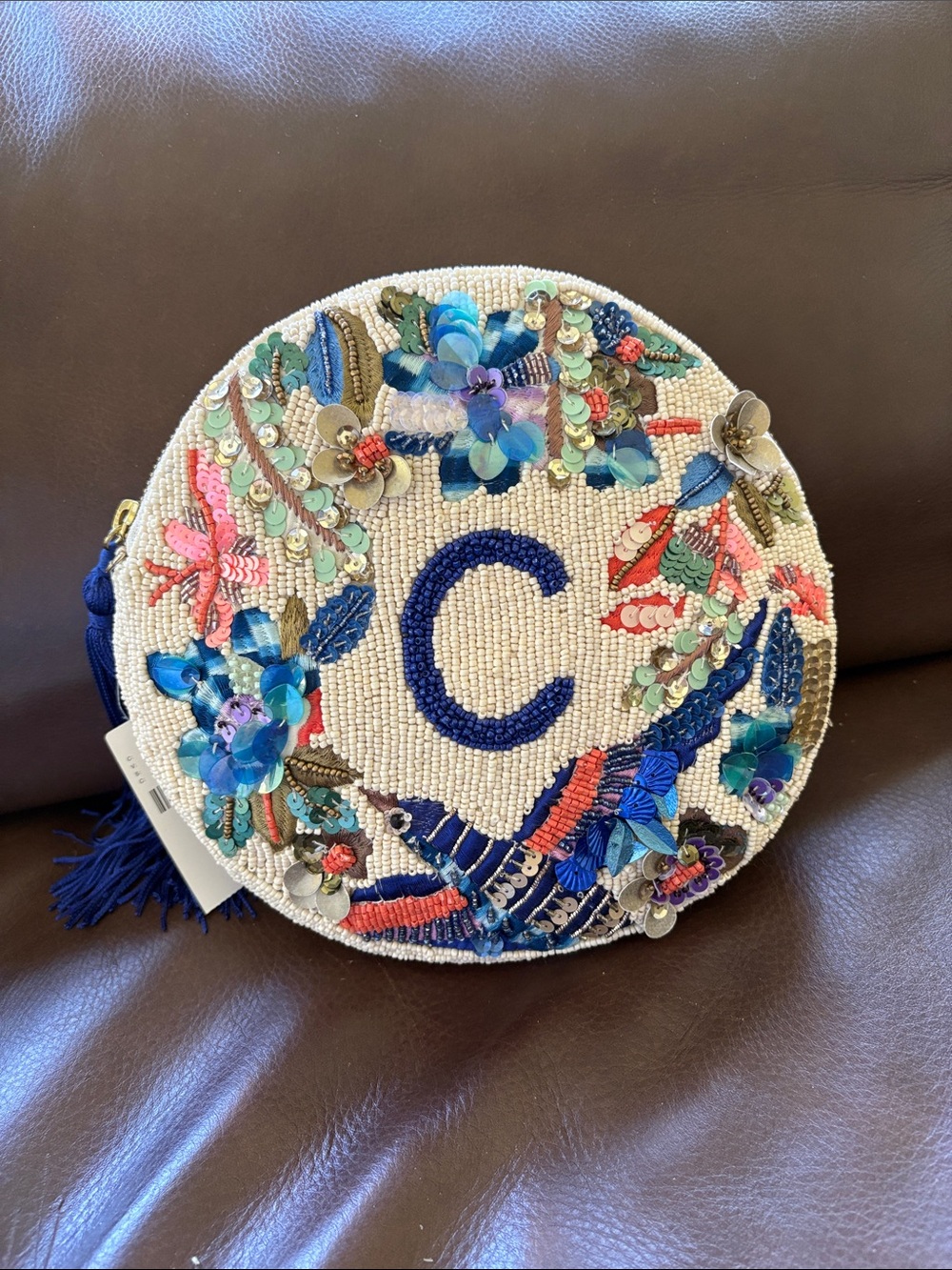 NWT Anthropologie / Anna Harlow Russo Beaded Floral Initial 'C' Round Purse
